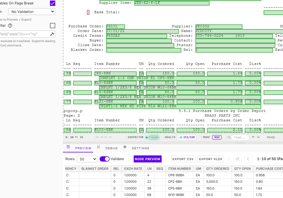 ReportMapper interface showing report mapping zones, extraction preview, and structured output table